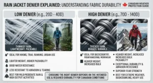 An infographic showing the difference between low and high denier fabrics for Canadian rain jackets.