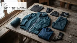 Infographic illustrating a technical layering system with a rain jacket for Canadian Rockies shoulder-season hiking and unpredictable mountain conditions.