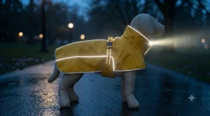Illustration of a dog wearing a high-visibility, reflective rain jacket for dog walking during dark Canadian winter evenings.