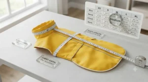 Sizing chart graphic demonstrating how to measure a dog for a comfortable rain jacket for dog walking adventures.