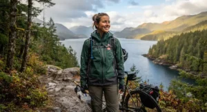 Detailed view of technical gear, focusing on a breathable rain jacket ideal for Canadian cycling and fishing enthusiasts.