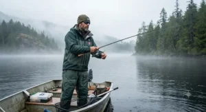 An angler wearing a durable, waterproof, and breathable rain jacket while fishing on a misty Canadian lake.