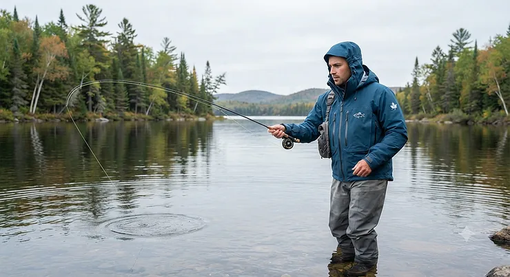 Man wearing a waterproof rain jacket while fly fishing on a calm Canadian lake. rain gear for fishing