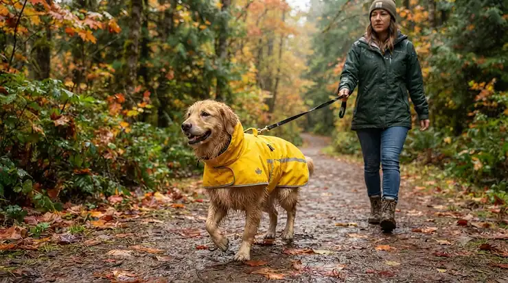 Happy golden retriever wearing a yellow rain jacket for dog walking on a wet autumn trail in British Columbia.