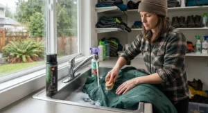 A person washing and restoring the DWR water-repellent finish on a technical rain jacket using specialized outdoor gear cleaner.