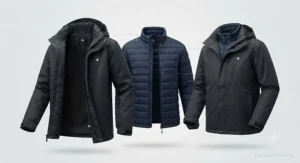 Exploded view of a 3-in-1 convertible system jacket showing removable inner fleece lining for versatile Canadian climate layering.