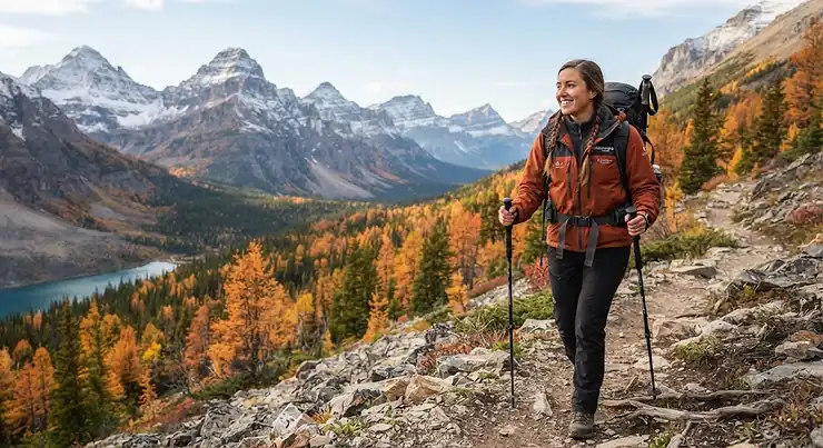 A hiker wearing a 3-in-1 jacket for hiking on a scenic Canadian mountain trail during autumn.