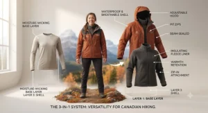 Diagram showing the layering system of a 3-in-1 jacket for hiking, featuring a waterproof outer shell and removable fleece liner.