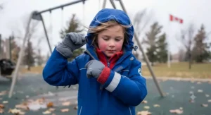 A child adjusting the hood on a top rated 3-in-1 jacket for kids during a windy playground visit.