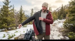 Illustration of someone adjusting their clothing layers to adapt to fluctuating temperatures during a Canadian spring day.