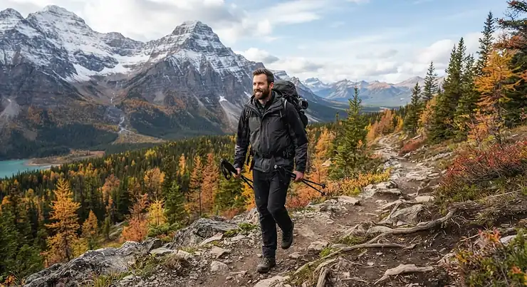 A man wearing an all-season 3-in-1 jacket while hiking a scenic mountain trail in Banff National Park during autumn.