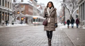 A taupe belted long puffer coat styled with winter boots and a scarf for urban winter wear.