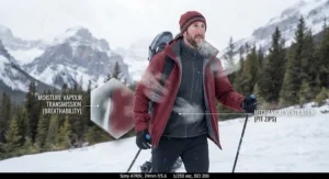 Illustration depicting breathability and moisture-wicking properties during outdoor winter activities in Canada.