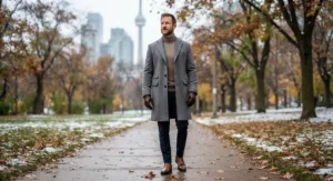 A structured wool-blend coat layered over a sweater for crisp autumn and mild winter days