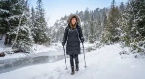 A casual puffer jacket worn during winter outdoor activities like walking trails in Canada