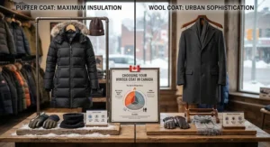 A variety of winter outerwear displayed to help choose between a puffer coat and a wool coat in Canada