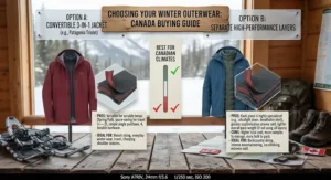 Summary illustration helping outdoor enthusiasts choose between a 3-in-1 jacket and separate layers for Canadian winters.