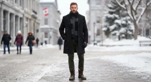 Full-body view of a classic black long winter coat for men paired with winter boots and a scarf for Canadian winters.