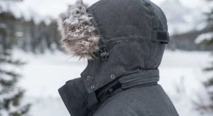 Close-up of an adjustable, detachable hood on an interchange jacket for heavy snowfall and chilly winds.
