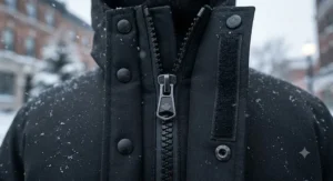 Detail view of heavy-duty windproof closures on an urban winter parka built for Canadian winters.