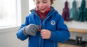 A child easily zipping up their top rated 3-in-1 jacket for kids featuring an EZ-zip system.
