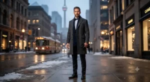 A sophisticated wool overcoat styled for a formal winter evening out in the city