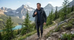 Hiker wearing a versatile convertible system jacket on a mountain trail in the Canadian Rockies.