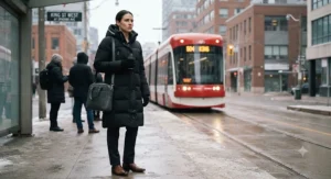 A professional commuter wearing a hooded long puffer coat waiting for transit on a chilly morning.