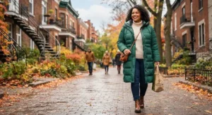 An insulated long puffer coat laid flat, showcasing quilted padding designed for extreme Canadian cold weather.