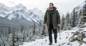 Rugged olive green insulated long winter coat for men during an outdoor winter hike in the Canadian Rockies.
