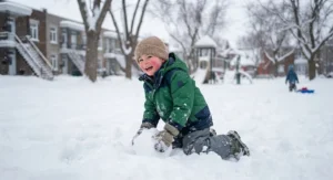 A child playing outside in the snow in Montreal wearing a durable all-season 3-in-1 jacket.