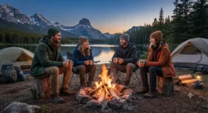 Campers gathered around a fire in the Canadian Rockies wearing versatile all-season 3-in-1 jackets for layered warmth.