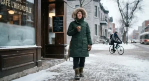 Person in a long, cozy urban winter parka standing outside a Montreal café in winter.
