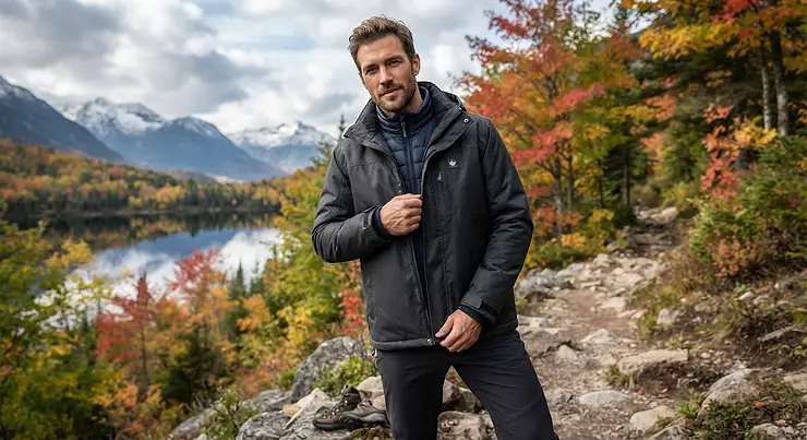 Men's convertible system jacket designed for changing Canadian weather conditions.