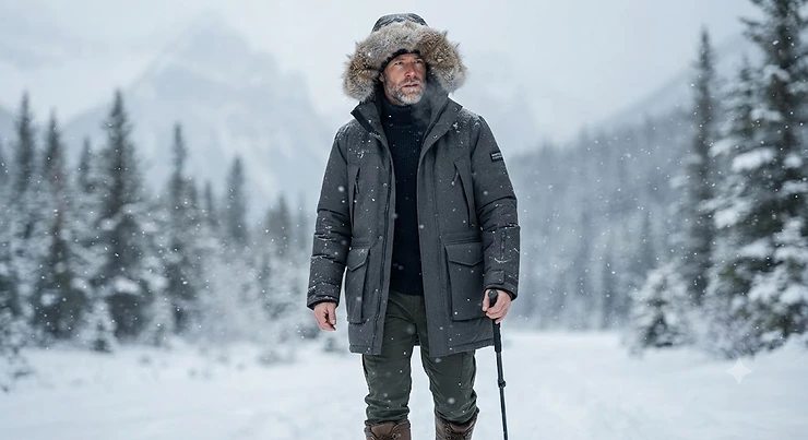 Premium down-filled long winter coat for men with an adjustable hood for maximum warmth during blizzards.