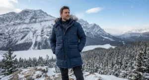 A man wearing a heavy-duty navy blue long puffer coat against a snowy mountain backdrop in Banff National Park.