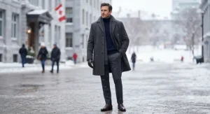 Sophisticated charcoal grey wool-blend long winter coat for men suitable for business and formal winter wear in Canada.