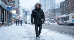Man modeling a black waterproof urban winter parka during a cold Canadian snowstorm.