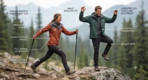 Illustration demonstrating the ergonomic fit and freedom of movement of a 3-in-1 jacket for hiking.