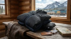 Packable convertible system jacket folded neatly for travel across Canadian provinces.