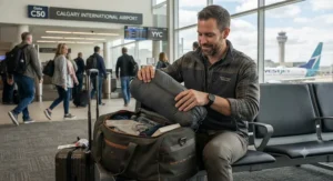 A traveler packing a versatile all-season 3-in-1 jacket into a travel bag at Calgary International Airport.