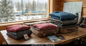 Illustration demonstrating space-saving packing benefits of a convertible 3-in-1 jacket for traveling across Canadian provinces.