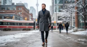 A person walking down a downtown Canadian street wearing a classic tailored wool coat