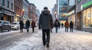 A person wearing a warm interchange jacket while walking through a snowy Canadian urban street.