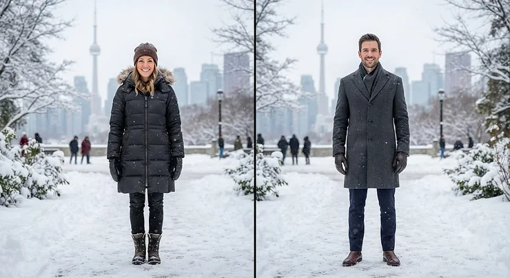A side-by-side comparison of a warm puffer coat and a stylish wool coat suitable for Canadian winters puffer coat vs wool coat for winter