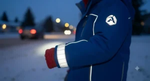 Detail shot of reflective safety accents on a top rated 3-in-1 jacket for kids for early winter evenings.