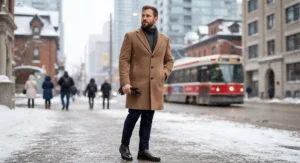 Modern camel brown tailored long winter coat for men styled for urban commuting in Canadian cities.