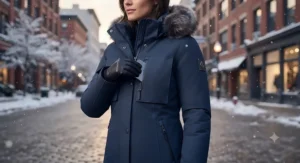 Illustration showing the sleek design and deep pockets of a stylish urban winter parka for cold weather.