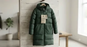 An eco-friendly recycled down long puffer coat displayed on a hanger with a tag detailing sustainable winter materials.