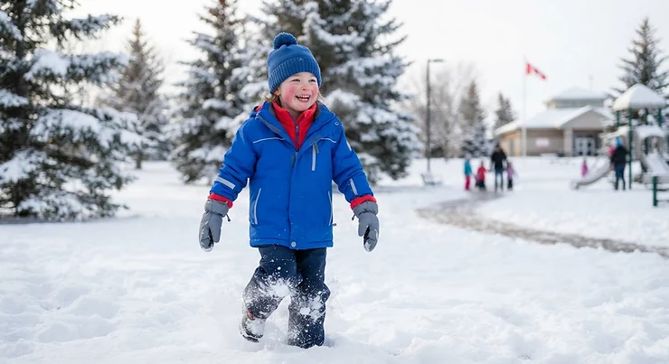 A cheerful child wearing one of the top rated 3-in-1 jackets for kids, playing outside in a Canadian winter park.